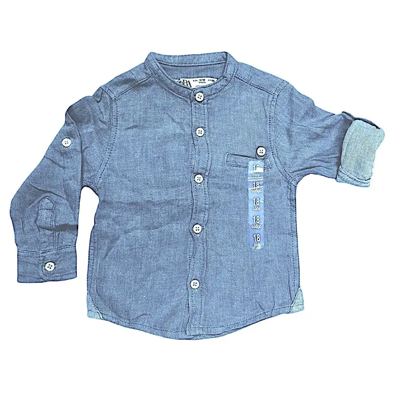 Boys Toddlers Blue Cotton Stand Collar Button Long Sleeve Shirts 1