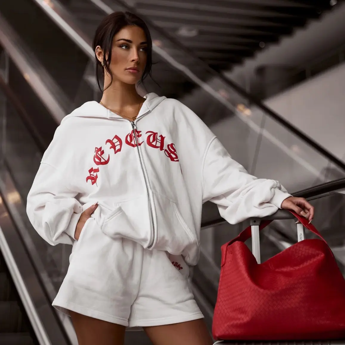 White oversized logo zip up hoodie