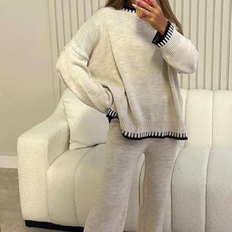 Product Introduction of Women's Stitched Knitted Jumper Top Wide Leg Trousers 2PCS Co ord Loungewear Set Long Sleeve Winter Basic Comfort Womenswear Casual Comfortable Coord Fit Overalls 10