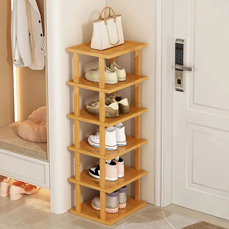 6 Tier Vertical Shoe Rack Tall Narrow Shelf Storage Organizer Slim Shoe Tower UK Bamboo Metal 4