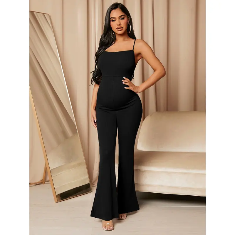 MaterniChic Maternity Solid Flare Leg Cami Jumpsuit 2
