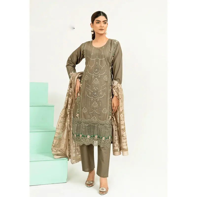 Dark Olive Green | Chikankari Embroidered Lawn 3Pc dress - Rangz 0