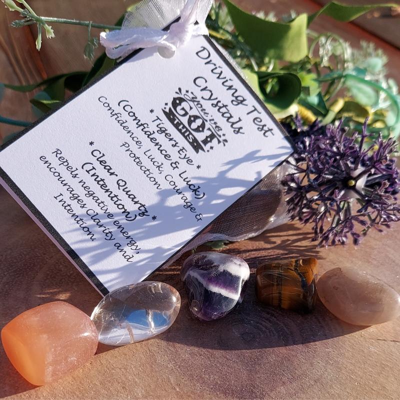 Driving Test Crystal Kit, Confidence, Good Luck, Intention, Worry, Sleep, Clarity, Tiger Eye, Clear Quartz, Smoky Quartz, Amethyst, Calcite 2