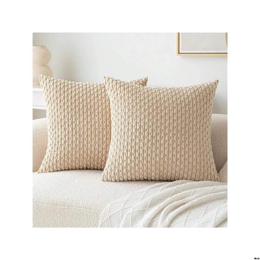 Use Four Seasons Use Daily Bed Bedroom Sofa Suitable Cover Cushion Square Decor Solid Color Striped 3D Embossed Corduroy Soft Stylish Modern ) Pillow Insert Included Not (Pillowcase Striped Hemiah Apricot Wave One