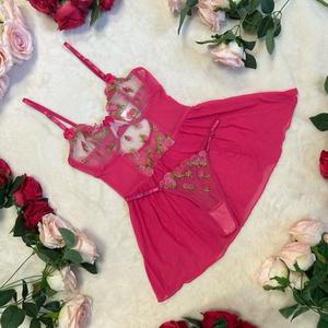 LILIOSA LINGERIE Chic High Quality Strawberry Pink Babydoll With Pants, Luxurious Strawberry Embroidered On Bust, Gorgeous Satin Bow, Comfortable Womenswear Nightwear, Sexy Girl Gift, Soft Breathable Sheer Lightweight Elegance Flowy Overall Slip