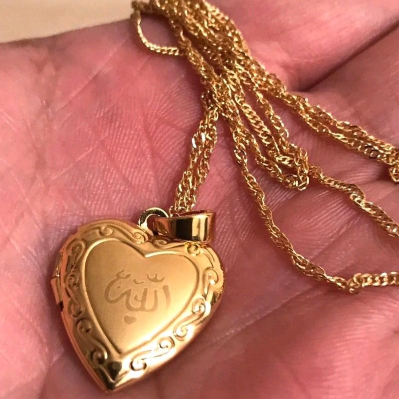Islamic Allah name heart shape Necklace Pendant Tawiz with gold colour chain jewelry matching jewellery locket 1