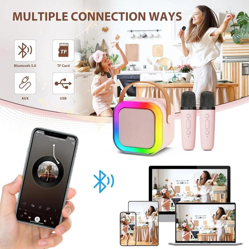 Portable Mini Bluetooth Wireless Karaoke Speaker with 2 Wireless Microphone Set ,Rechargeable HiFi Stereo Sound KTV Speaker, Mp3 Audio Adjustable RGB Colorful LED Light ,Musical Kids Toy, Birthday Gift for Boys and Girls, Valentine's Day Gift  , UK 7