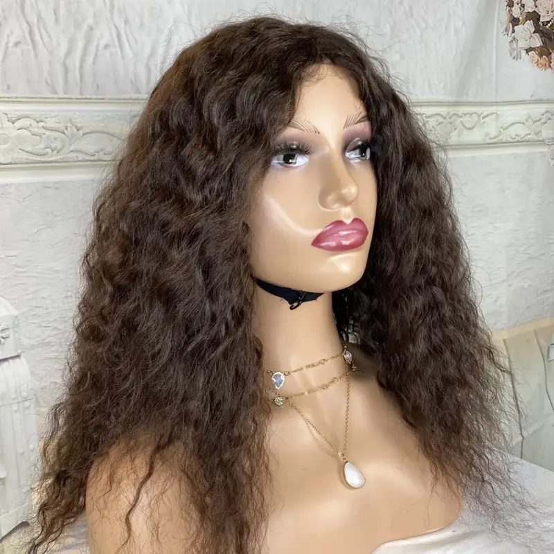 18 Inches human hair Blend curly Deep Wave Wig , Colour 4, Natural Wig , Gift 1