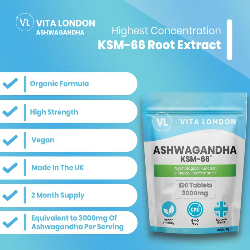 Ashwagandha KSM-66 Organic Tablets - 3000mg - High Strength - 120 Tablets (Not Capsules, Gummies Or Powder) - Vegan - Gluten Free - GMO Free - Dairy Free - Adult - Men & Women - UK - Vita London - Wellness Supplement Autumn Winter Healthcare Vitamins 3
