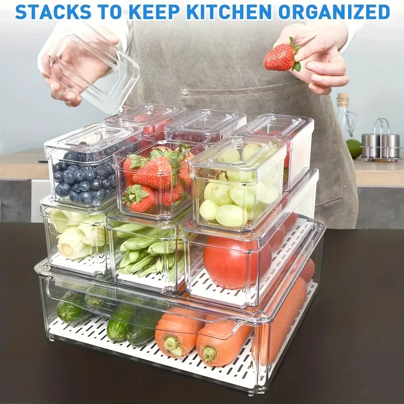 10pc Plastic Refrigerator Storage Box, Stackable Fridge Organizer Bins With Lids, Utility Safe Storage Containers For Fridge, Sorting Storage Organizer Box For Food Fruit Vegetable Drinks 1
