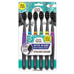 GuruNanda Butter On Gums Charcoal Toothbrush - Extra Soft Bristles - 6 Pack