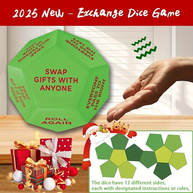 Santa's Surprise Gift Exchange Dice - 12 Unique Sides, Perfect for Christmas Party Games & Supplies, Durable Plastic, 3x3 Inches, Christmas Gift Bags 6