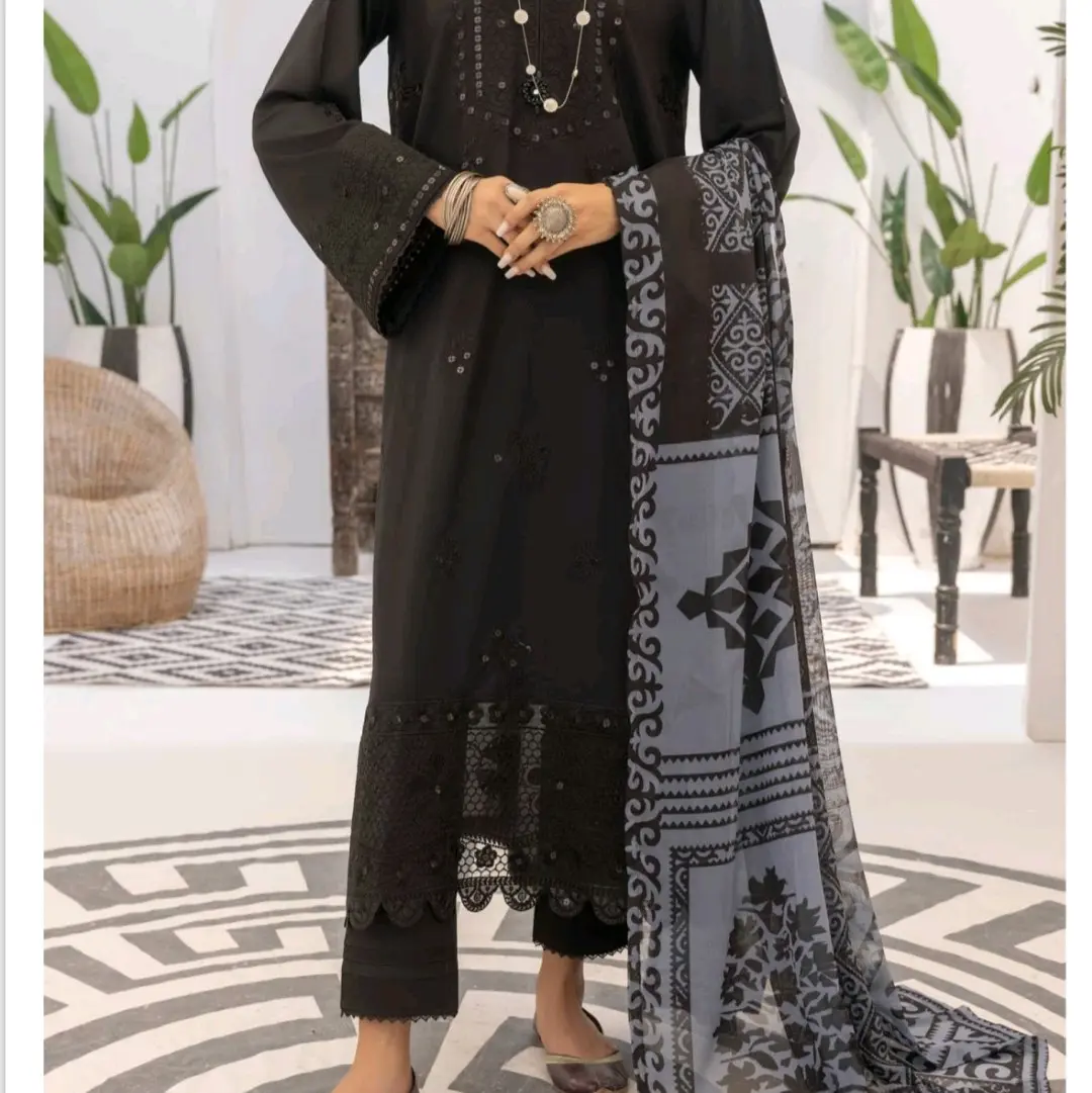 Casualite Black Embroidered Cotton 3 Piece with Lace and Raw Silk Printed Dupatta