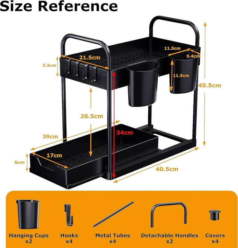 Under Sink Storage Kitchen Organiser, 2 Tier Sliding Kitchen Storage Shelf, Multi-Purpose Organisation for Kitchen Bathroom, Bottom Slide Out Basket Black - Racks Hanging Cabinet Drawer Installation Hangable Hanging Cabinet Multicolor 1
