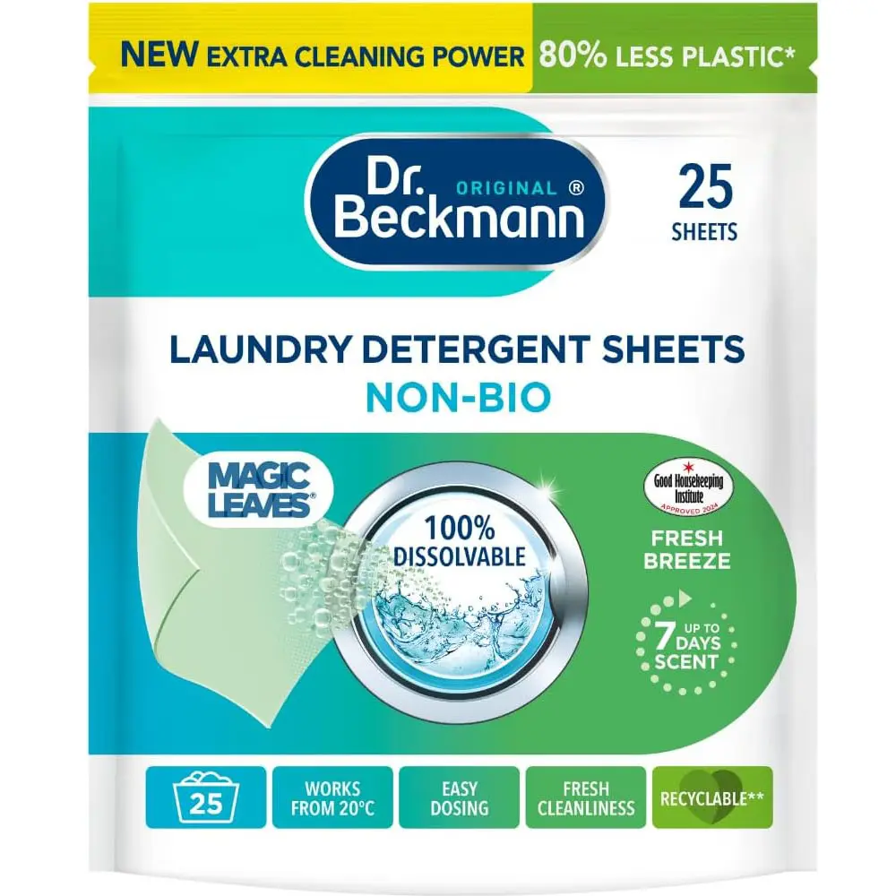 Dr. Beckmann MAGIC LEAVES Laundry Detergent Sheets NON-BIO | Convenient and pre-dosed laundry detergent sheets | Dissolvable climate neutral and easy to use | 25 sheets Household