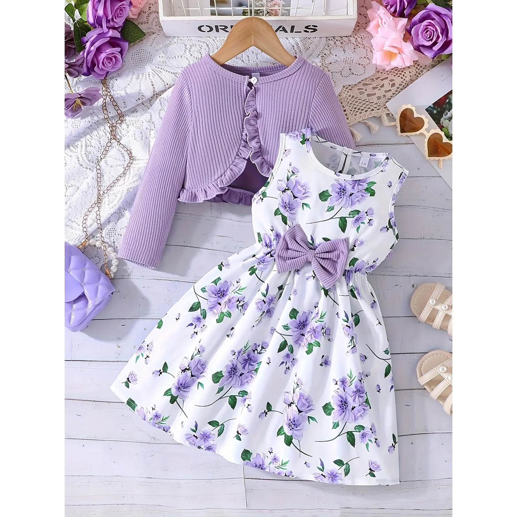 Girls' 2pcs Elegant Floral Print Dress Set with Bow Detail, Sleeveless Crew Neck Dress & Solid Color Ruffle Coat, Polyester Knit Fabric, Regular Fit, Umbrella Skirt Silhouette, Perfect for Spring/Fall & Casual Wear, for Outdoor
