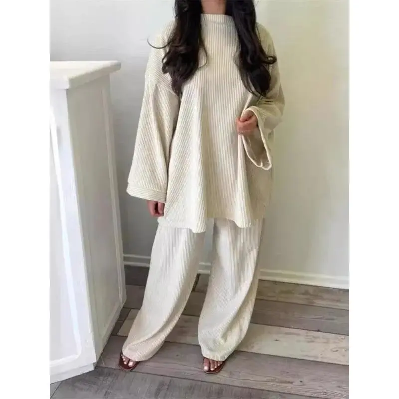 Autumn Winter Solid Color Corduroy Pants Sets Women Loose Long Sleeve Wide Legs Trousers Two Piece Set Female Commuting Clothing Womenswear Overalls Suits Underwear Gamis Comfort 1