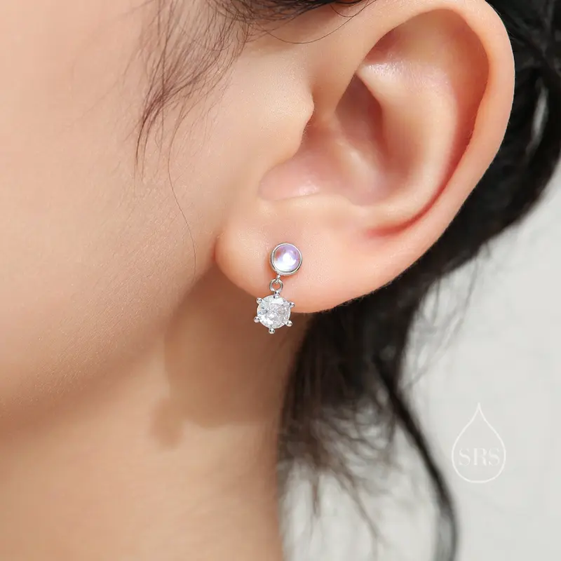 Moonstone and CZ Dangle Stud Earrings in Sterling Silver, Round Moonstone and CZ, Silver or Gold, Two CZ Prong Set Earrings 5