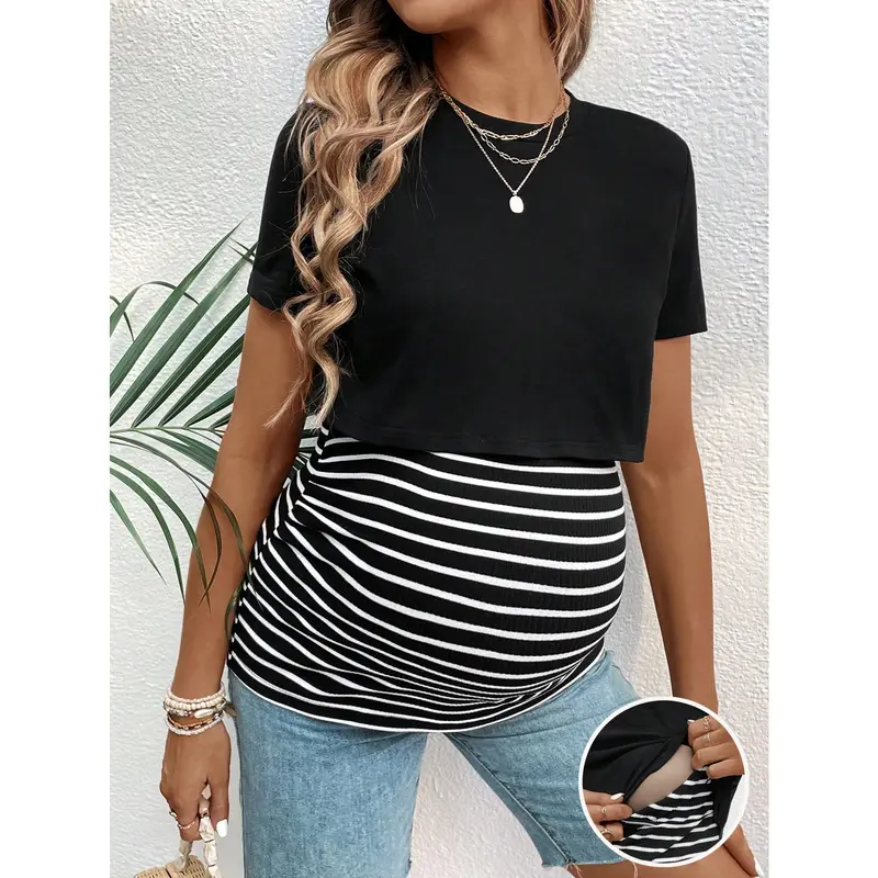 Maternity Striped Short Sleeve Breastfeeding T-Shirt With Color Block Design For Summer 0