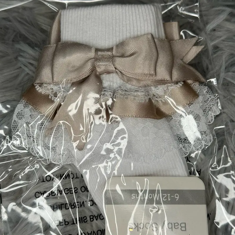Baby Girls Taupe Ribbon and White Lace Socks - Perfect for Your Little Princess kids 1