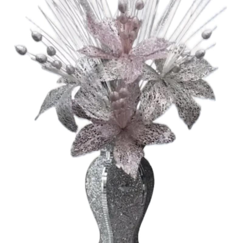 ROMANY PINK SILVER CRUSHED SILVER CRYSTAL VASE WITH FLOWERS MOSAIC, GLITTER Decor Floral Centerpiece Room Table 0
