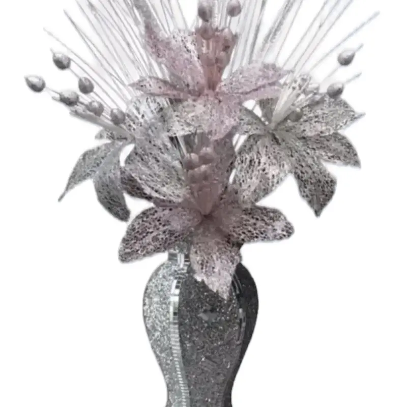 ROMANY PINK SILVER CRUSHED SILVER CRYSTAL VASE WITH FLOWERS MOSAIC, GLITTER Decor Floral Centerpiece Room Table 0