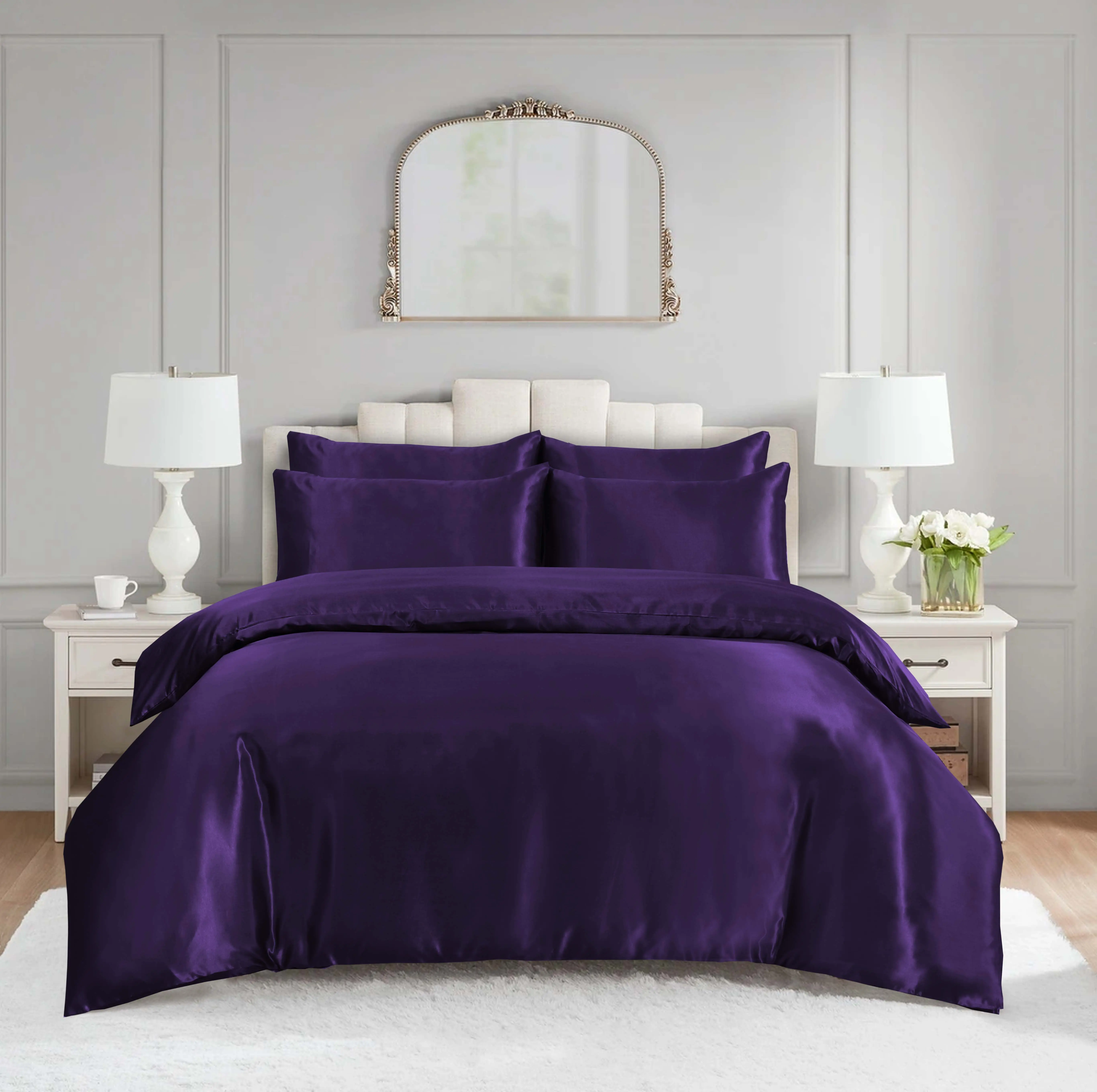 SAFFA LONDON Luxury Satin Silk Complete Bedding Set - 6 PCS - Fitted sheet, Duvet Cover, 4 Pillow Cases.