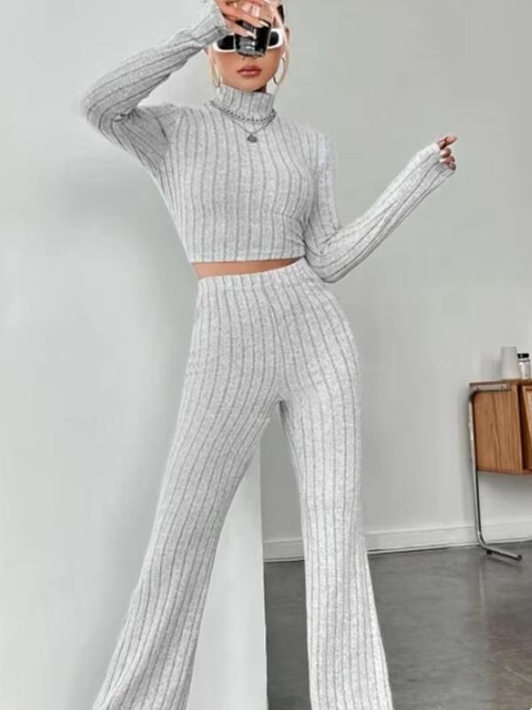 Women's Stand Collar Navel T-Shirt and Trumpet Pants Set - Tops, Womenswear pink cropped jacket bbl  jacket cropped  bbl 0