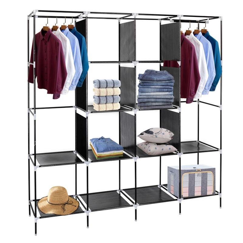 Hot Selling Item High-Capacity  12 Shelves Portable Wardrobe Clothes Storage Rack 4 Side Pockets Black 4