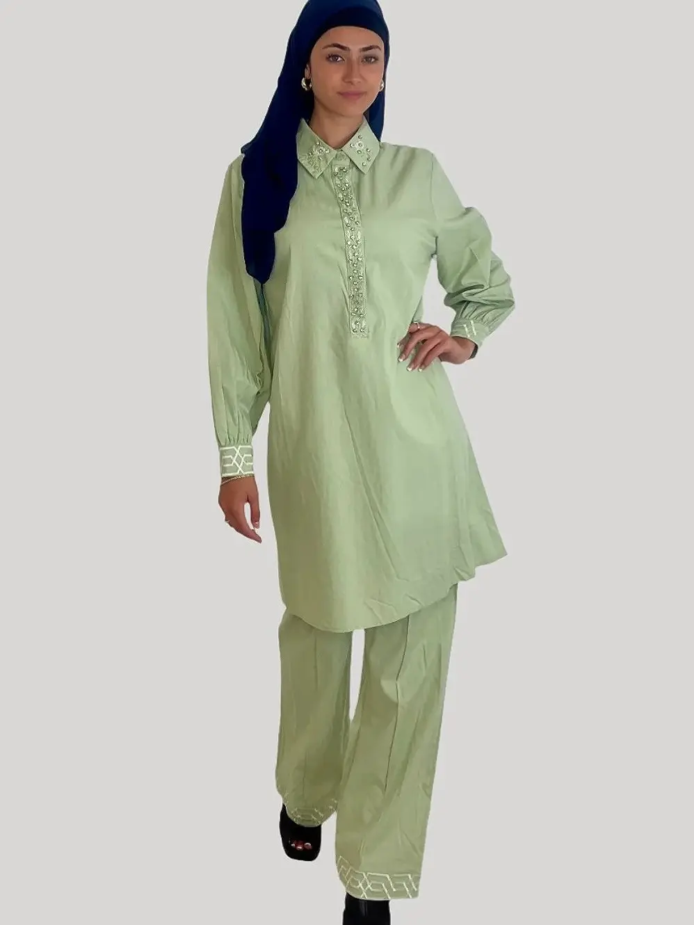 Embroidered Embellished Detail Kurta And Wide Leg Trousers Traditional Coord Set Long Sleeve Elegance Womenswear