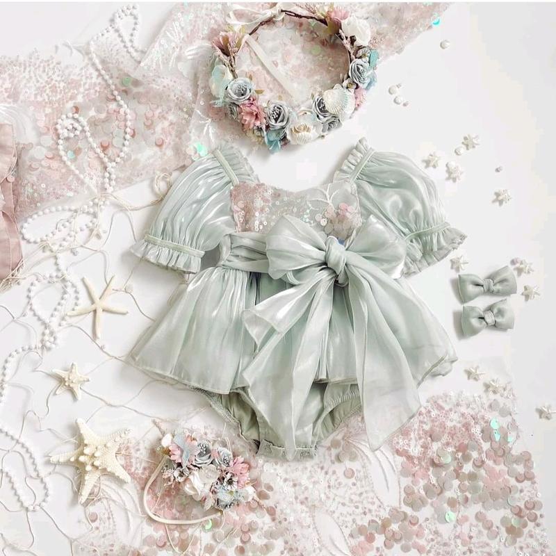 Girls Mermaid Sea Green sequin bodice bow detail tutu romper.  Toddler Comfortable Baby 1