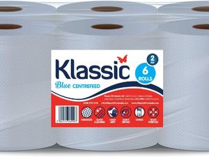 Klassic Blue Centrefeed Roll - 2 ply Laminated Embossed Wiping Tissue Cleaning Roll Home,   Toilet and Office - 300 sheets per Roll, Sheet width 166mm - 6 Rolls Pack
