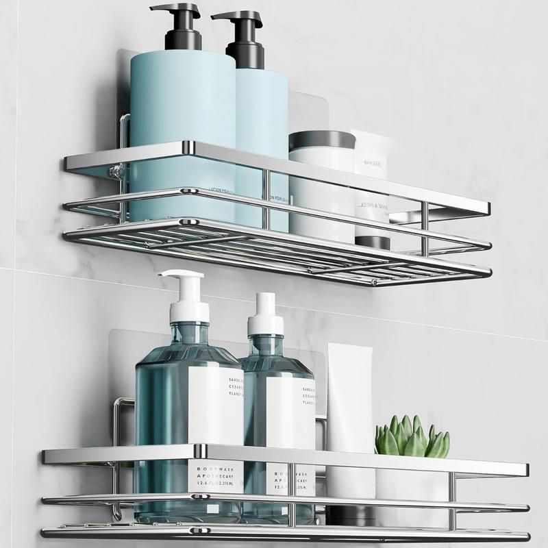 Product Introduction of Shower Caddy 2Pack No-Drilling Organiser Bathroom Caddy Shower Storage Bathroom Shelf Rack Bathroom Accessory Shower Holder with Adhesive Silver 11.8 x 4.3‘’ 0