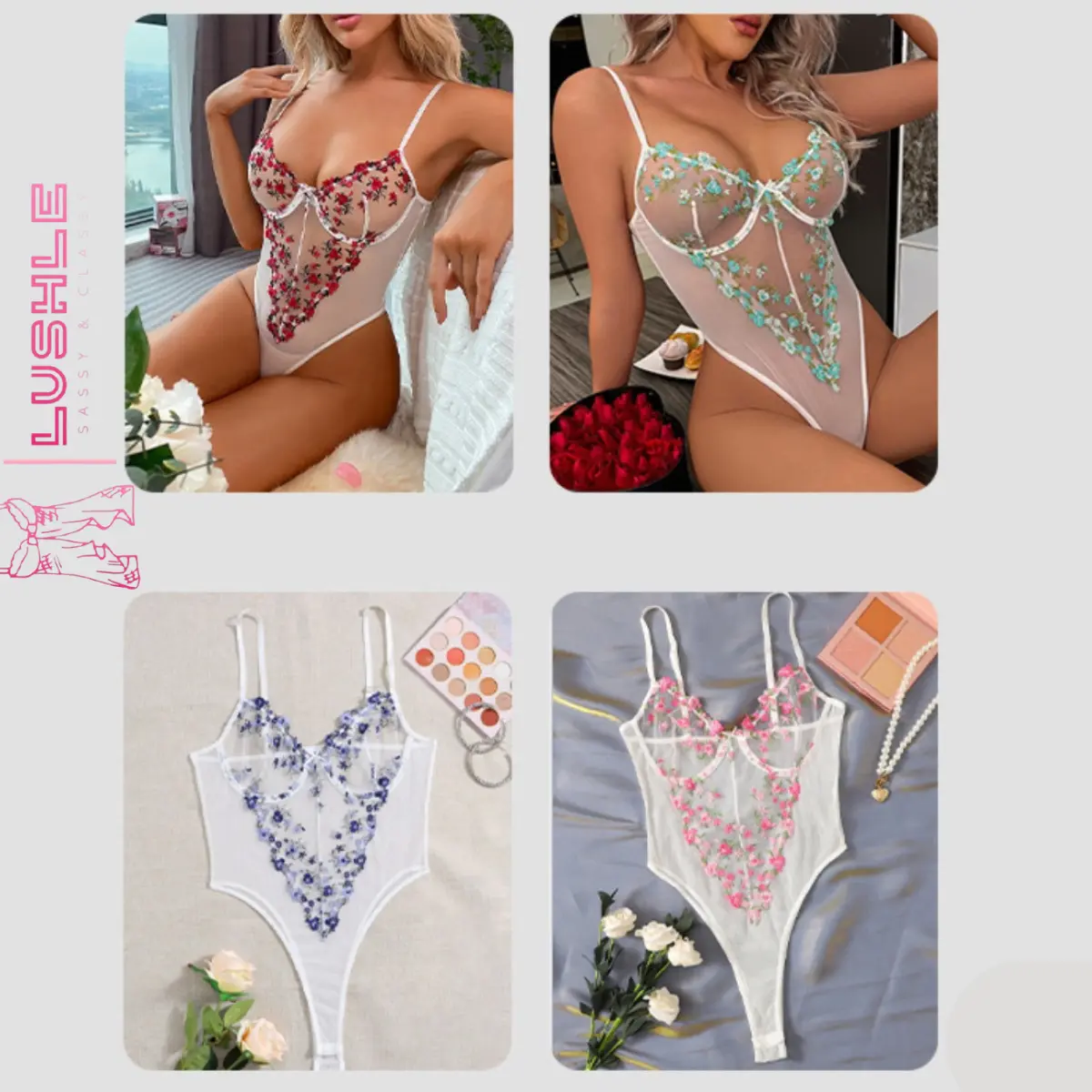 Special Gift Sexy Lingerie Women's Flowers Embroidered Bodysuit - White, Sleeveless Womenswear Underwear Lady Comfort pink  lingerie Fit Everyday white  lingre period  day Fitted Mesh