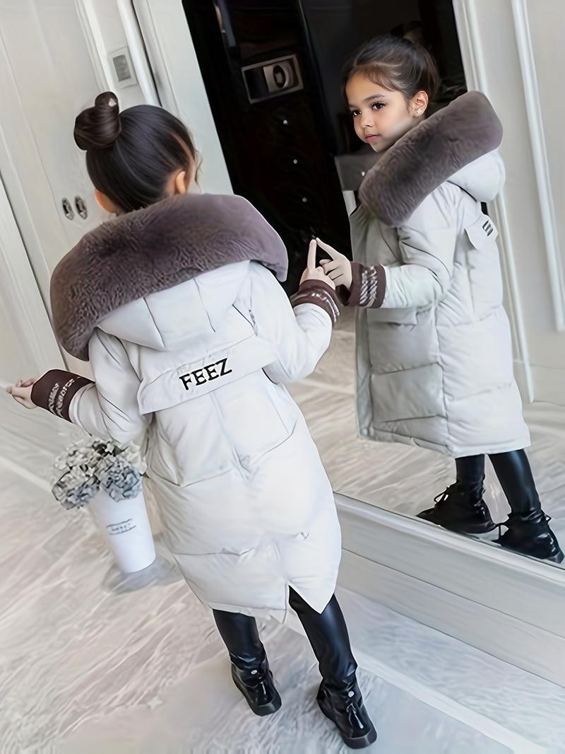 Product Introduction of Girls Trendy Furry Hooded Collar Long Polyester-Padded Jacket, Mid-length Kids Winter Clothes 3