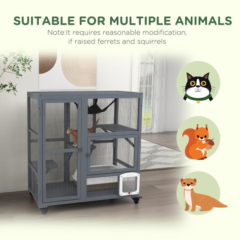 Product Introduction of Cat Cage House, Catio Cat Outdoor Enclosure on Wheels, Weather-Resistant Wooden Kitty Cage with Platforms, Hammock, 100L x 60W x 110Hcm - Light Grey 9