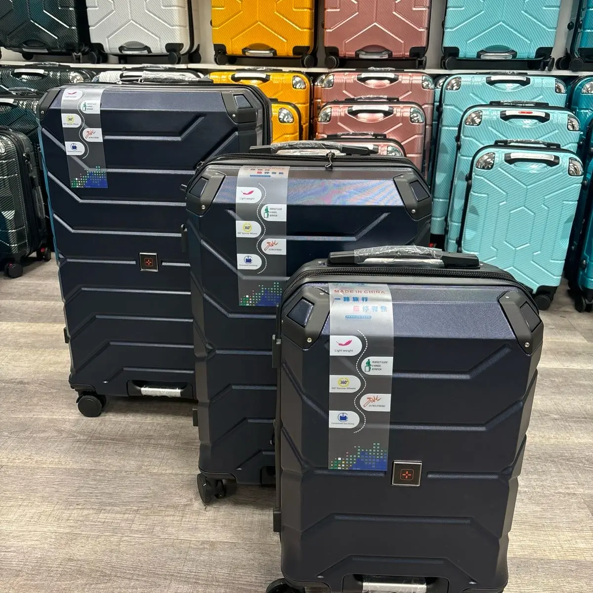ATL BOLIVIA NAVY BLUE ABS MATERIAL SUITCASE 28 26 22 INCH 4 360 WHEELS LIGHTWEIGHT WITH CUP HOLDER