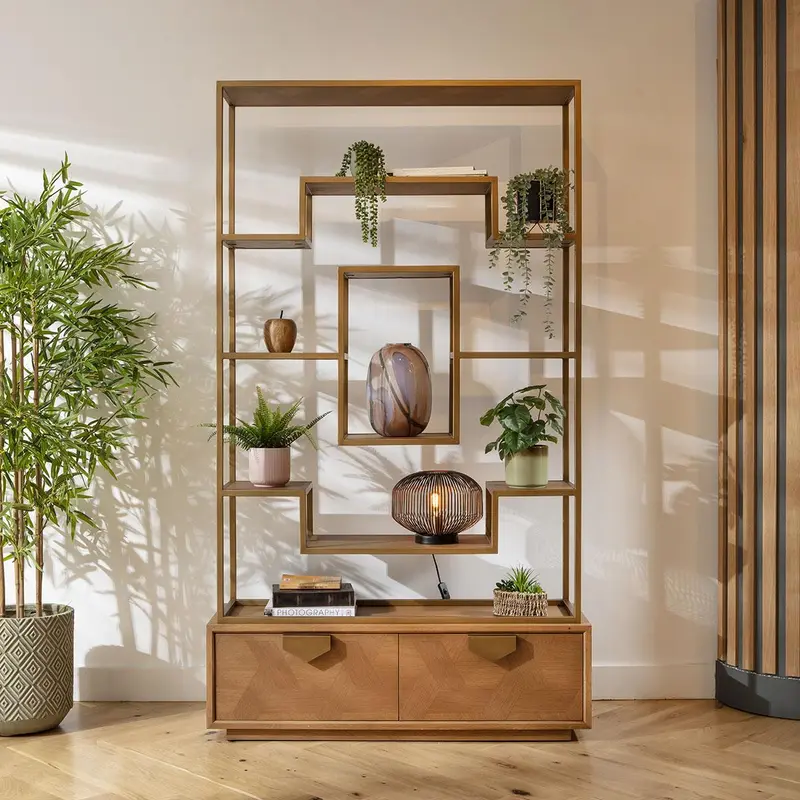 Hemingway Tall Shelving Unit Display Case Oak & Gold Brown 120x207cm 0