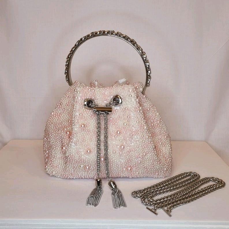 Ivory Pink Pearl Luxury Bon Bon Crystal Diamond Top Handle Tassel Chain Embellished Evening Clutch Bag for Women odourless elegant fashion bags 2