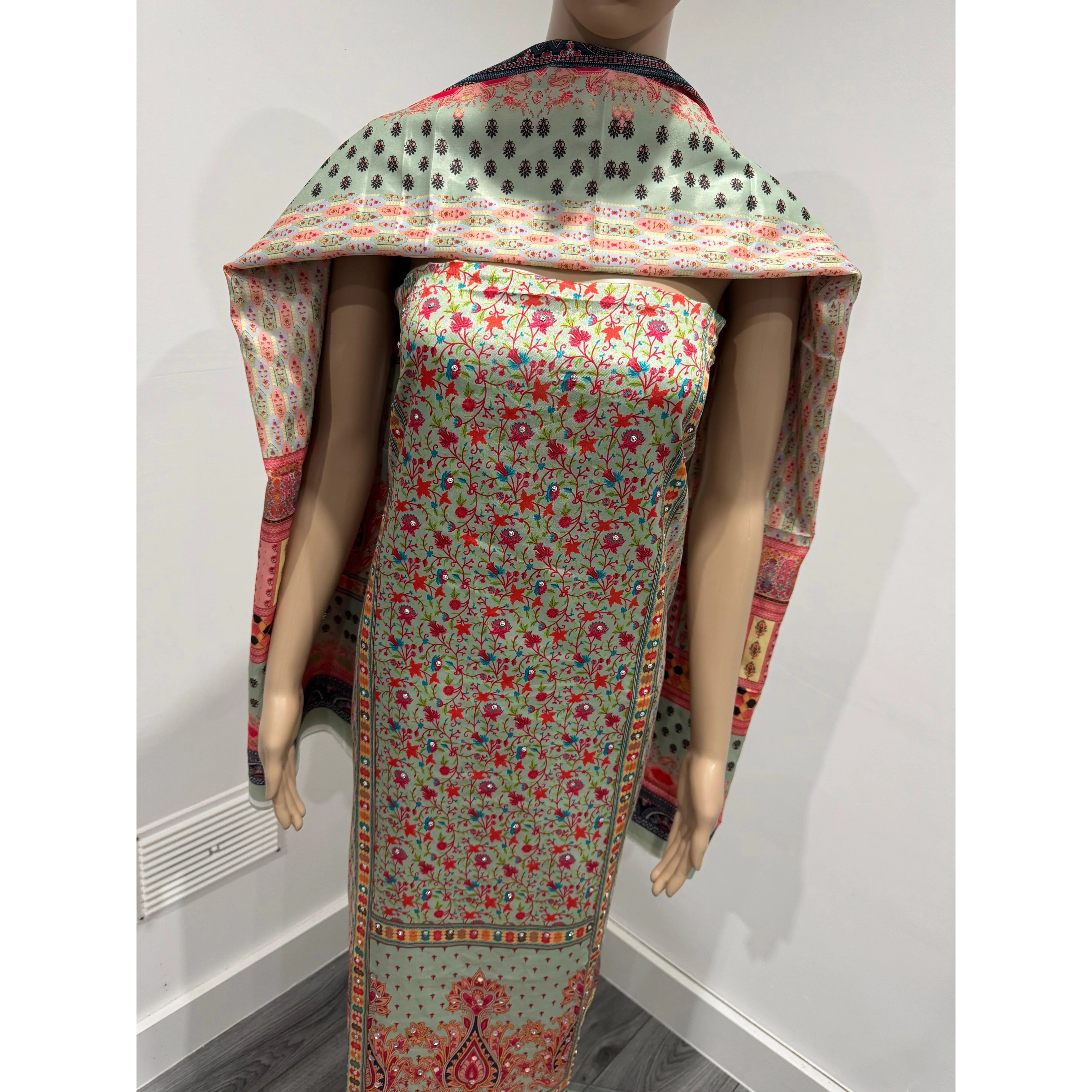 Mint Green Veda Three Piece Suit French Crepe Semi Stitched Material