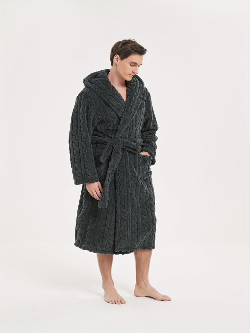 Product Introduction of Men's Comfy Solid Fleece Robe Home Hooded Pajamas Wear With Pocket & Hair Dry Hat, One-piece Lace Up Kimono Night-robe Warm Sets After Bath 12