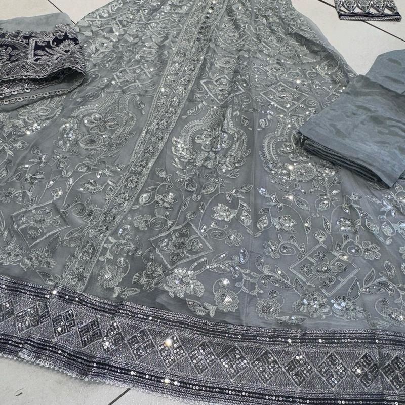 Silver/Grey JASMIN Long dress suit 3 piece Pakistani embroidered chiffon duppatta wedding edt S-XL Womenswear 4