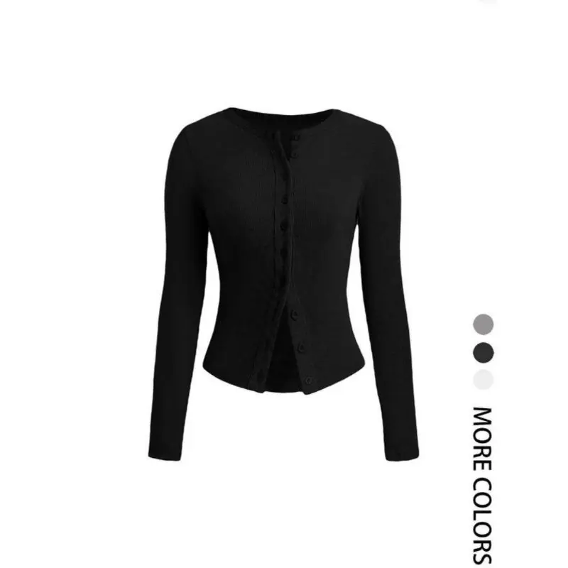 Women's Plain Button Front Ribbed Tee, Casual Long Sleeve Round Neck T-shirt for Spring & Fall, Women's Top for Daily Wear, Sassyandclassyclothing 3