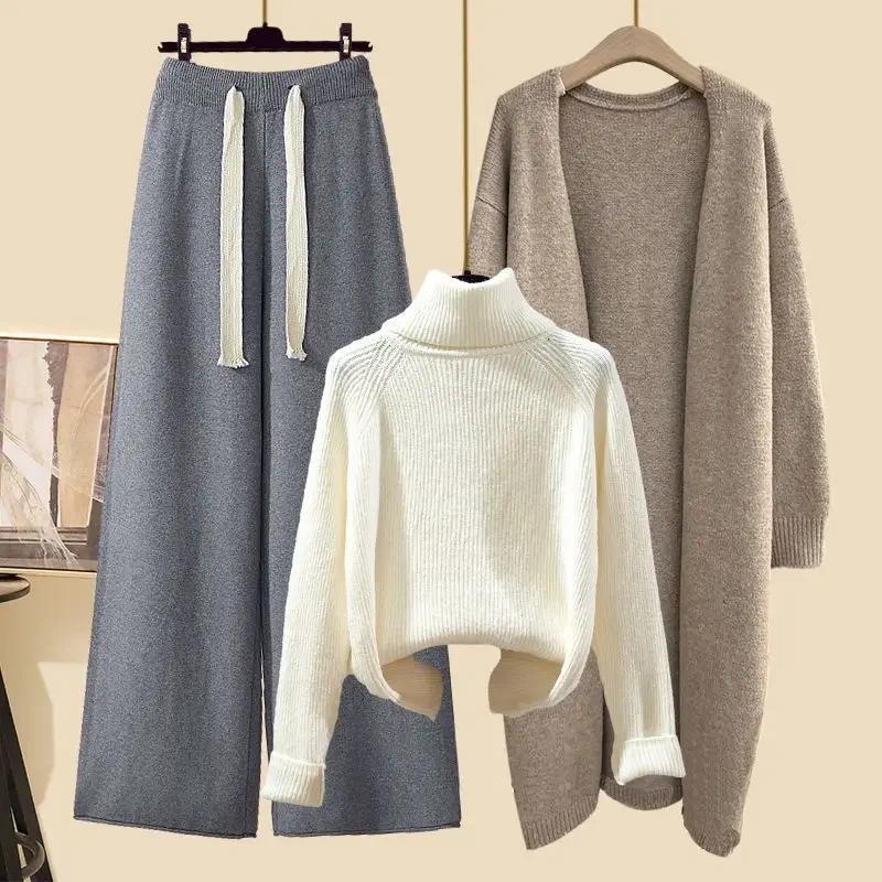 Product Introduction of [2025] plus size women's winter cardigan jacket polo/turtle neck sweater bell bottoms three-piece set new style long length 22