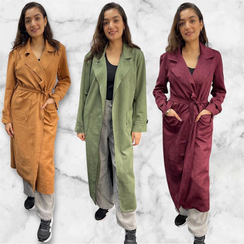Product Introduction of Ladies Suede Trench Coat with Belted Front and Two Pockets - Wind Overcoat for Winter - Womenswear, Jacket 12