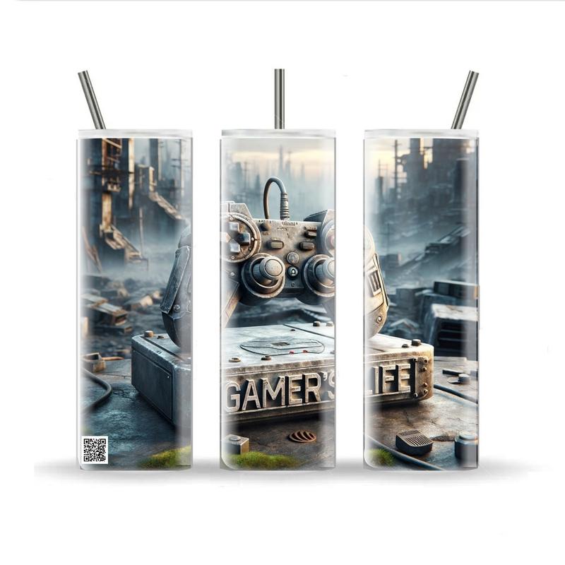 Apocalyptic Gamer's Life 20oz Skinny Tumbler (Drinkware Flask) Insulated Stainless Steel with reusable airtight insulation lid and plastic or metal straw 0