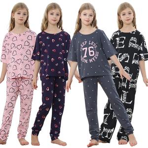 Girls Pyjamas Set with Short Sleeve Top & Bottom Pants Sleepwear Cotton Pjs Loungewear Nightwear for Kids Soft Comfortable Top & Trousers 8-13 Years