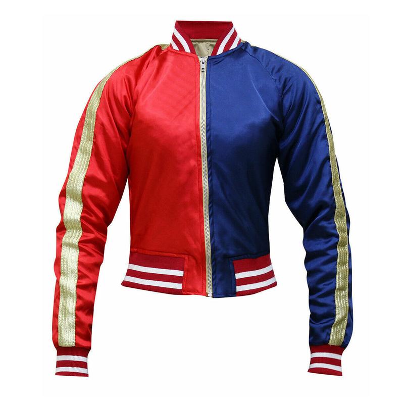 Women's Harley Quinn Bomber Jacket - Leggings - Shorts Red Blue Shiny Cosplay Zip Up - Halloween Costume - Plus Size - Long Sleeve, Womenswear 5