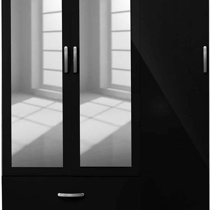 High Gloss 3 Door 2 Drawer Mirrored Wardrobe | Modular Cabinet for Space Saving | Ideal Storage Organizer (Black) 2