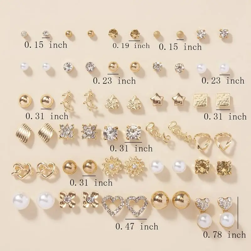 30 Pairs x Alloy Full Rhinestones Love Round Faux Pearl Letter Stud Earrings Set 3